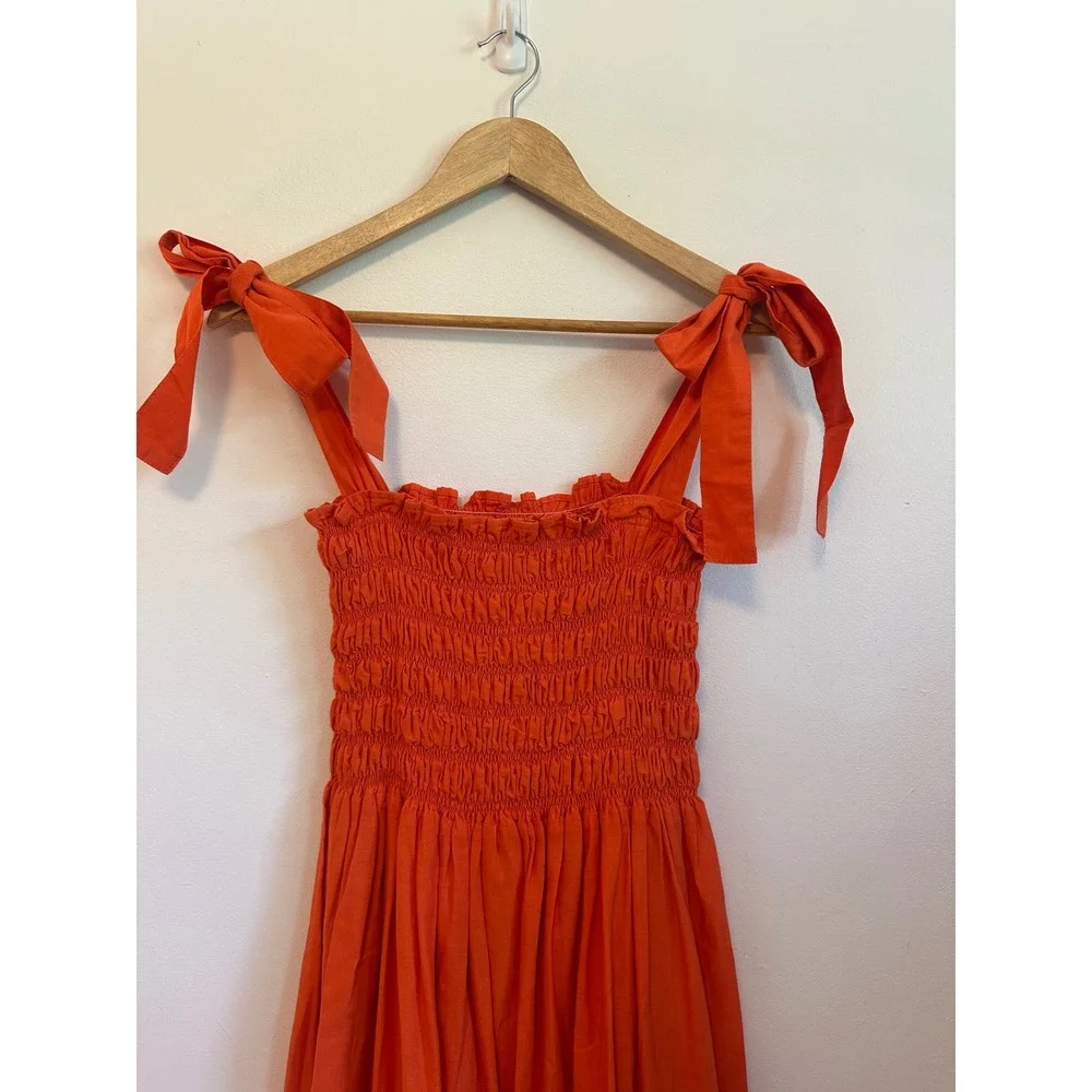 Dynasty George Clementine Maxi Cotton Smocked Dress in Orange | Size XS